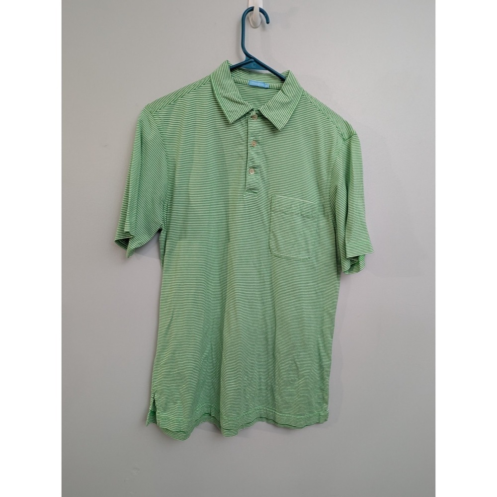 X2 J McLaughlin Polo Shirt Mens Med Green Stripe Pocket Short Sleeve Pima Cotton